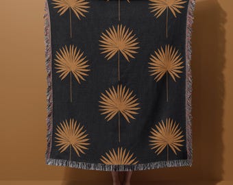 Manta de hojas de palma / Tapiz de pared de palmeras / Tostado y negro / Decoración llamativa para el hogar / Manta bohemia