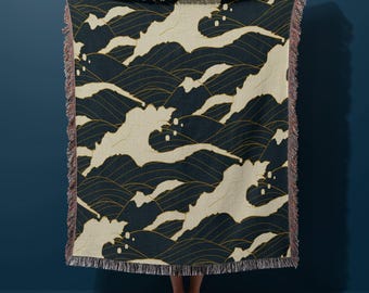 Manta tecida com ondas japonesas | Manta decorativa | Arte em tapeçaria | Manta decorativa japonesa