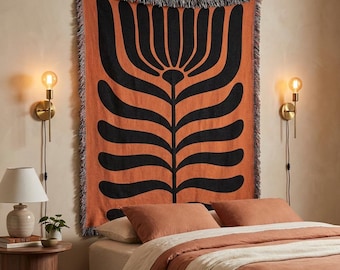 Abstract Botanical Throw Blanket Tapestry | Rust & Black  | Modern Boho Floral