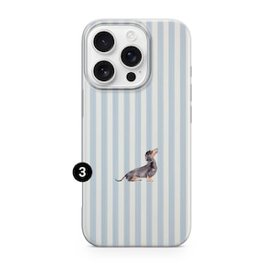 May include: A clear phone case featuring a light blue and white striped design. The case has a watercolour illustration of a dachshund dog. The phone case is designed to fit a smartphone.
