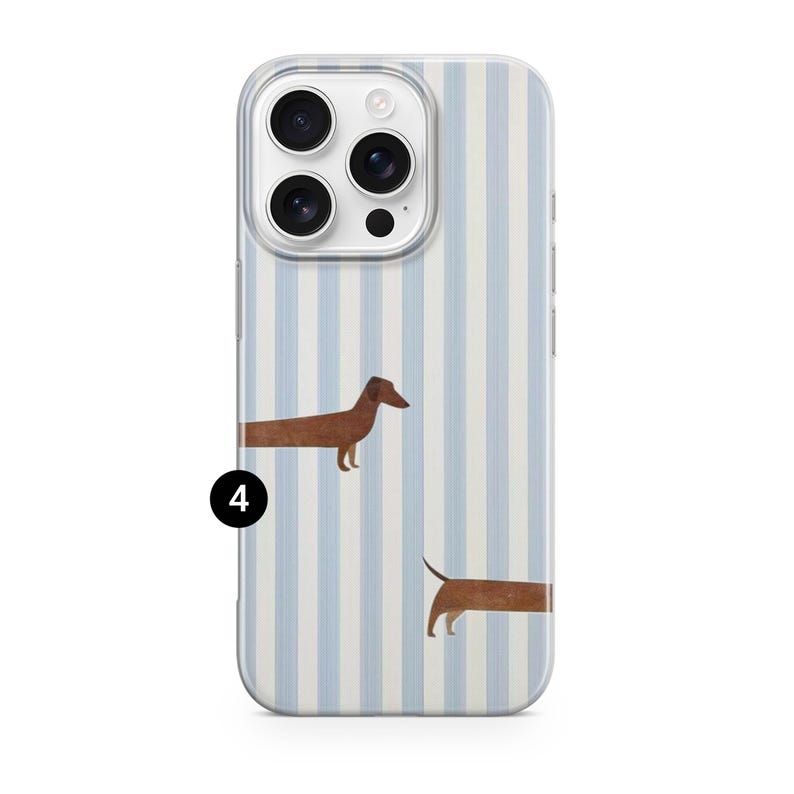 May include: A clear phone case with a light blue and white striped pattern. The case features brown dachshund illustrations. The phone case is designed to fit a smartphone and has a camera cutout.