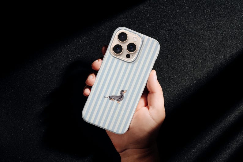 May include: A phone case with a light blue and white striped pattern, featuring a dachshund dog illustration. The case has a clear camera lens area. The phone case is held against a dark background.