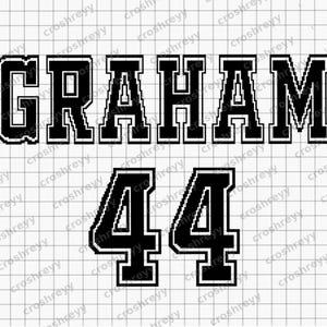 May include: Black and white graphic design featuring the name "GRAHAM" above the number "44". The text is in a bold, collegiate-style font with a white outline. The background is a grid pattern.