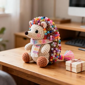May include: A handmade crochet hedgehog with a beige body, brown back, and colorful beaded quills. It has a rainbow scarf and brown feet. A small gift box with a pink ribbon sits nearby. The hedgehog is a decorative item.