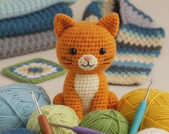 May include: An orange crocheted cat figurine with black eyes and whiskers sits among colorful yarn balls and crochet hooks. A stack of blue and gray crocheted items and a crocheted square are in the background. The scene suggests a crafting theme.
