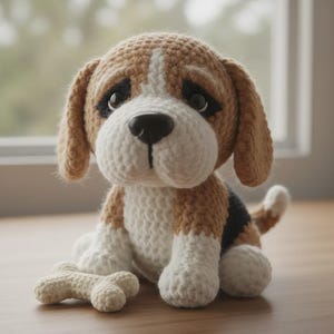 Pode incluir: Um cão beagle de crochê com detalhes em marrom, branco e preto. O brinquedo de pelúcia tem uma expressão triste e está sentado ao lado de um brinquedo em forma de osso. O cão tem orelhas caídas e um nariz preto. Feito à mão.