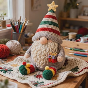 Puede incluir: Un gnomo de ganchillo hecho a mano con una larga barba blanca, un gorro gris con rayas rojas, verdes y blancas, y una estrella amarilla. El gnomo sostiene un pequeño regalo y está sentado sobre un cuadrado decorativo.