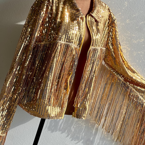 Gold Sequin Fringe Zip-Up Jacket | Statement Festival Outerwear