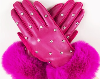 Touchscreen Gloves – Rhinestone Faux Fur Cuffs, Winter Fashion Fuchsia White Brown Black Gray