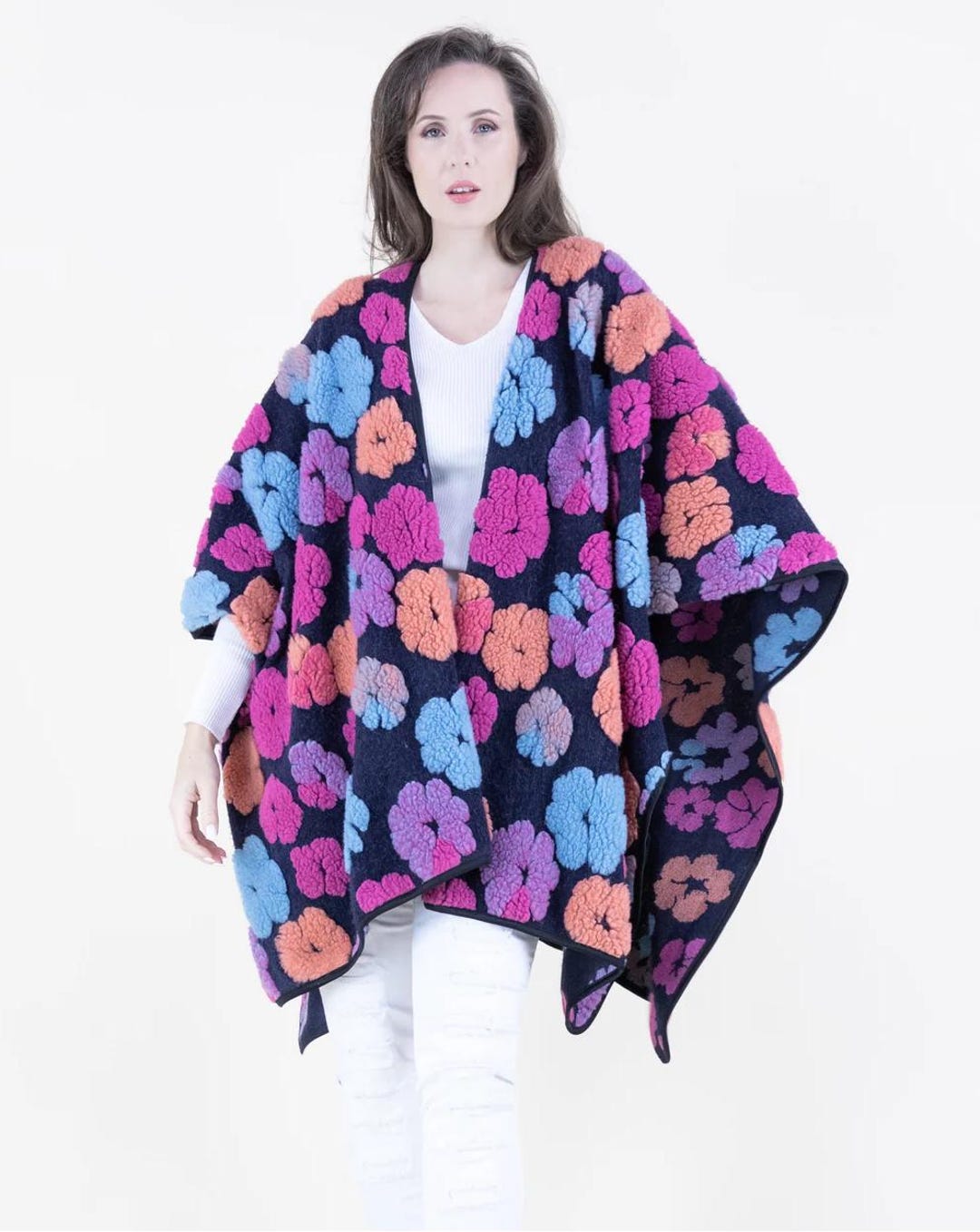Embroidered Floral Ruana Wrap: Oversized Boho Cape, Wool-like Shawl - Etsy
