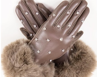 Rhinestone Touchscreen Gloves – Brown Faux Leather with Faux Fur Cuffs