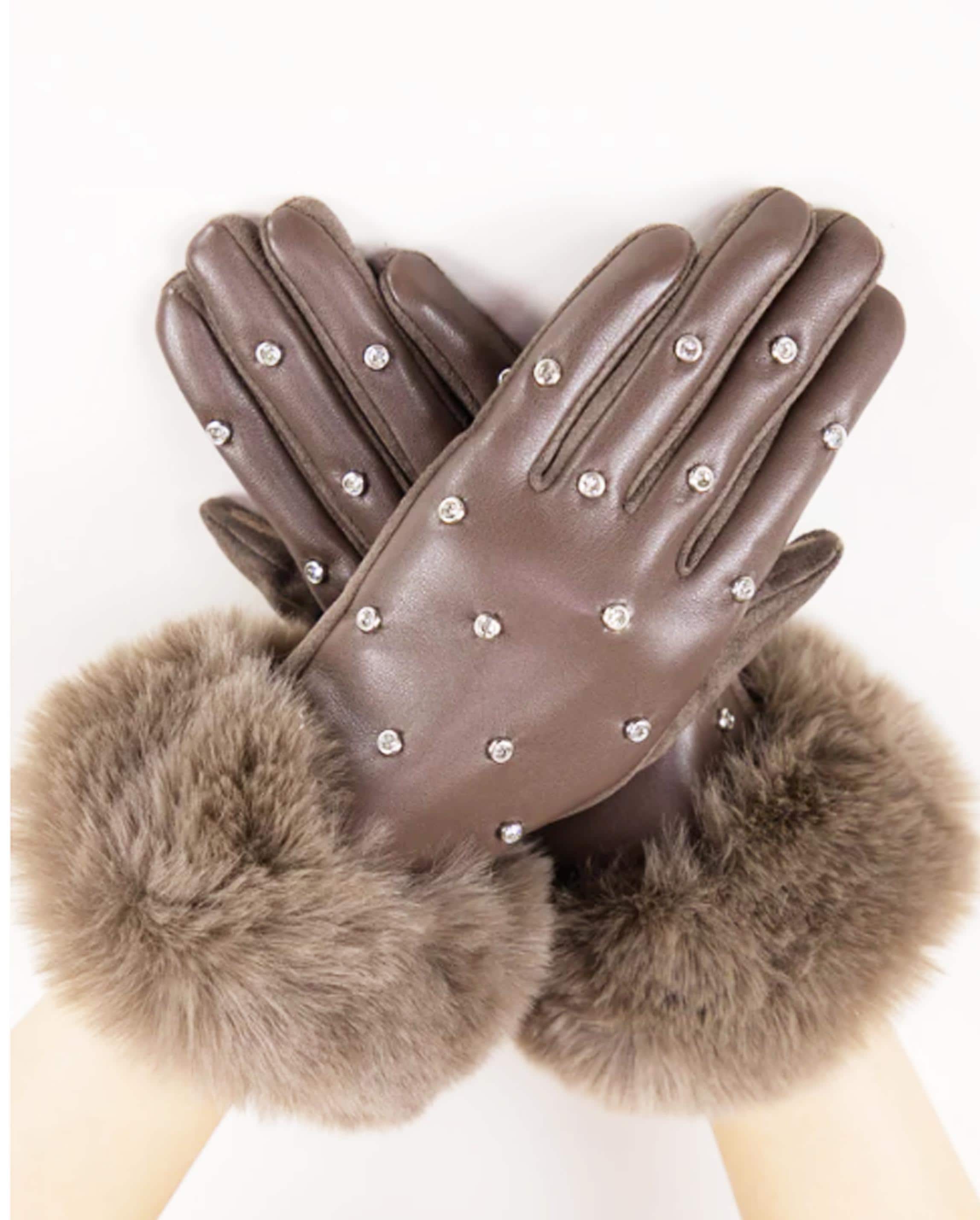 Rhinestone Touchscreen Gloves - Brown Faux Leather with Faux Fur Cuffs