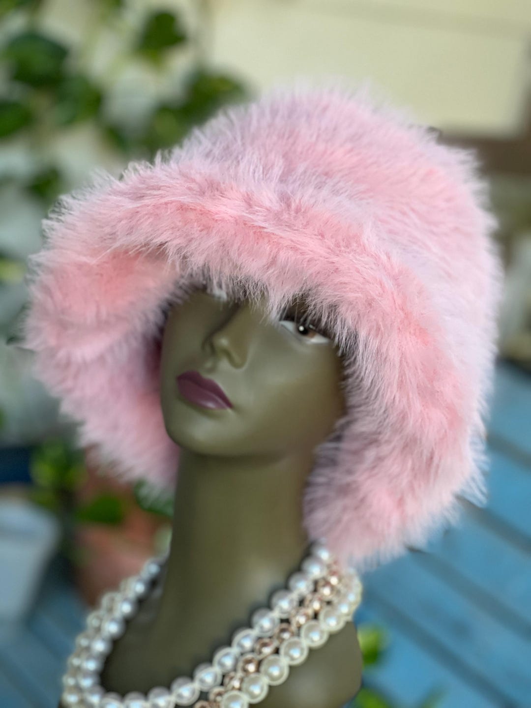LIGHT PINK Faux Fur Wide Brim Hat – Soft Plush Winter 