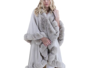 BEIGE Elegant Faux Fur Trim Cape Shawl – Multi-Layer Design Winter Wrap