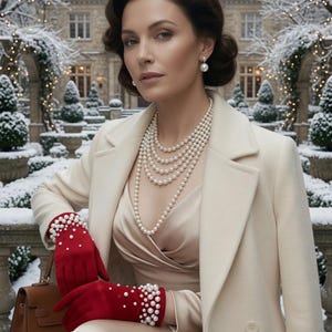 Può includere: Un cappotto color crema indossato sopra un abito in raso color champagne, abbinato a guanti rossi decorati con perle bianche. L'insieme include una collana di perle a più fili, orecchini di perle e una borsa in pelle marrone.
