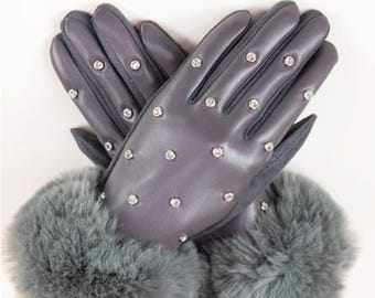 Gray Faux Leather Rhinestone Touchscreen Gloves – Faux Fur Cuffs