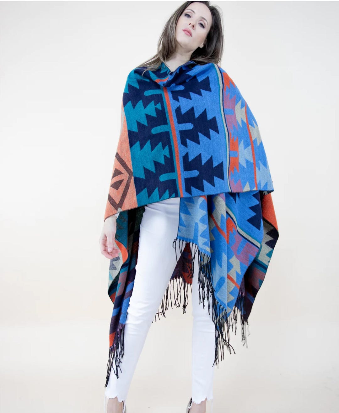 Aztec Ruana Wrap: Boho Poncho Cape With Fringe - Etsy