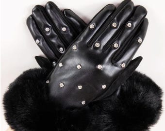 Black Faux Leather Rhinestone Touchscreen Gloves – Faux Fur Cuffs