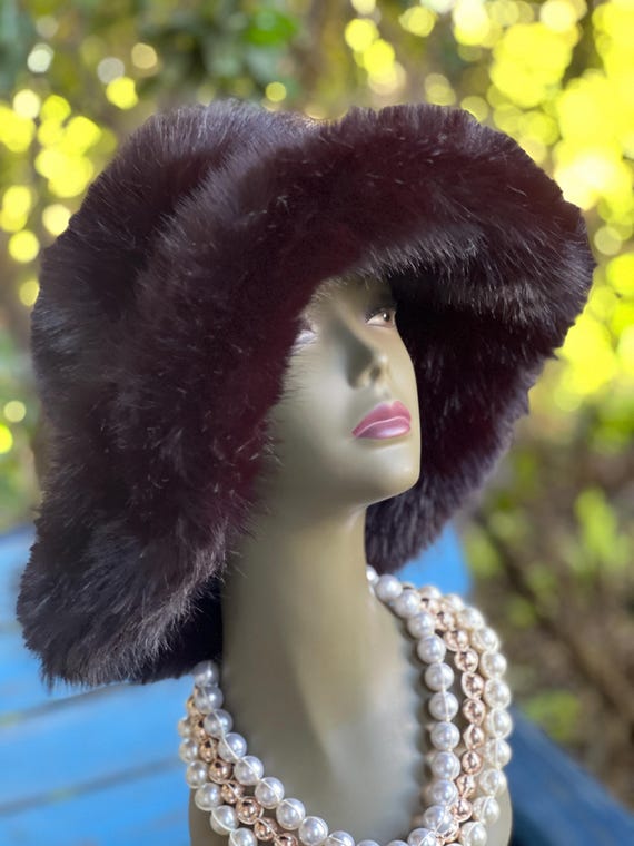 BLACK Fluffy Faux Fur Wide Brim Hat – Soft Plush Winter  display picture 2