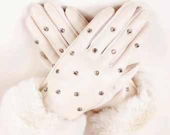 White Rhinestone Touchscreen Gloves – Faux Leather Fur Cuff, One Size