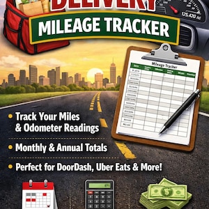 May include: An advertisement for a delivery mileage tracker. The image features a red delivery bag, a car dashboard, a clipboard with a mileage tracker, and a road leading to a city skyline. Text includes "Delivery Mileage Tracker".