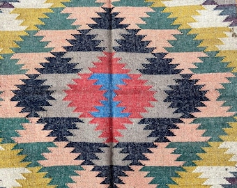Handwoven Jute Rug,Handmade Kilim Dhurrie Rug, Traditional Indian Jute Rug, Boho Jute Rug Southwestern Navajo Rug, Wool and Jute Kilim Rug
