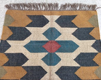 Handwoven Wool Jute Rug, Kilim Rug, Bohemian Indian Jute Rug, Moroccan Rug, Boho Jute Rug Southwestern Nordic Kilim Rug Vintage Kilim Rug