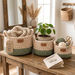 Puede incluir: Tres cestas de ganchillo redondas y bicolores en crema y verde salvia, cada una con una etiqueta de cuero marrón con la inscripción Handmade y un corazón. La cesta más grande contiene una manta de punto beige, la mediana una planta y la pequeña lana.
