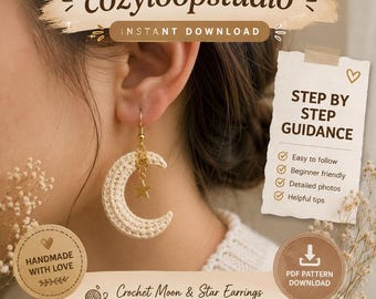Pendientes de ganchillo con forma de luna creciente / Joyería celestial bohemia (patrón en PDF)