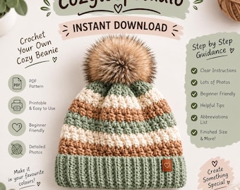 Patrón de gorro de ganchillo en PDF, ideal para principiantes.
