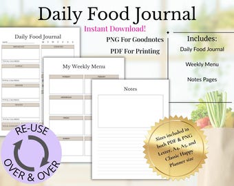 Diario alimentare giornaliero stampabile / Registro dei pasti + Assunzione di acqua / Planner per la perdita di peso e il benessere / Download immediato in formato PNG e PDF