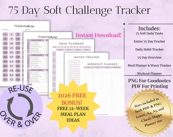 75 Agenda stampabile per sfide leggere / Monitoraggio di abitudini e pasti (PDF, PNG)
