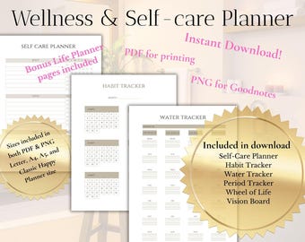 Agenda per la cura di sé in stile rustico, monitoraggio del benessere, abitudini, ciclo mestruale e idratazione (PDF e PNG)