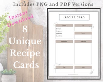 Pacchetto di schede per ricette stampabili / Organizer da cucina neutro (PDF)