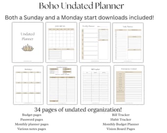 Planner Boho non datato stampabile / Layout settimanale + mensile / Inizio domenica e lunedì / Budget, abitudini, monitoraggio delle bollette