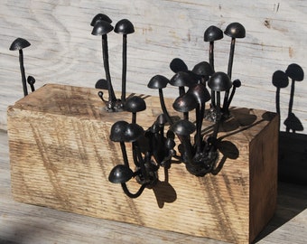 Metal Sculpture; Mushrooms; Panaeolus cinctulus Mushrooms on Oak