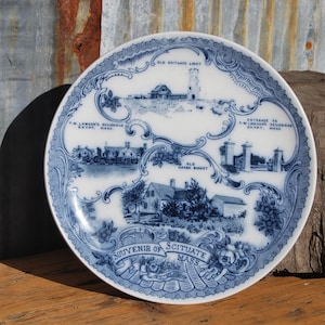 Massachusetts Souvenir Decorative Plate, Fenton, England, Frank Beardmore and Co., Blue and White Ceramic, Cottage Chic China Plate