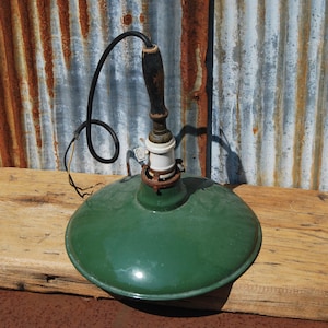 Vintage Industiral Lamp, Green Enameled Steel, Pendant Light Fixture