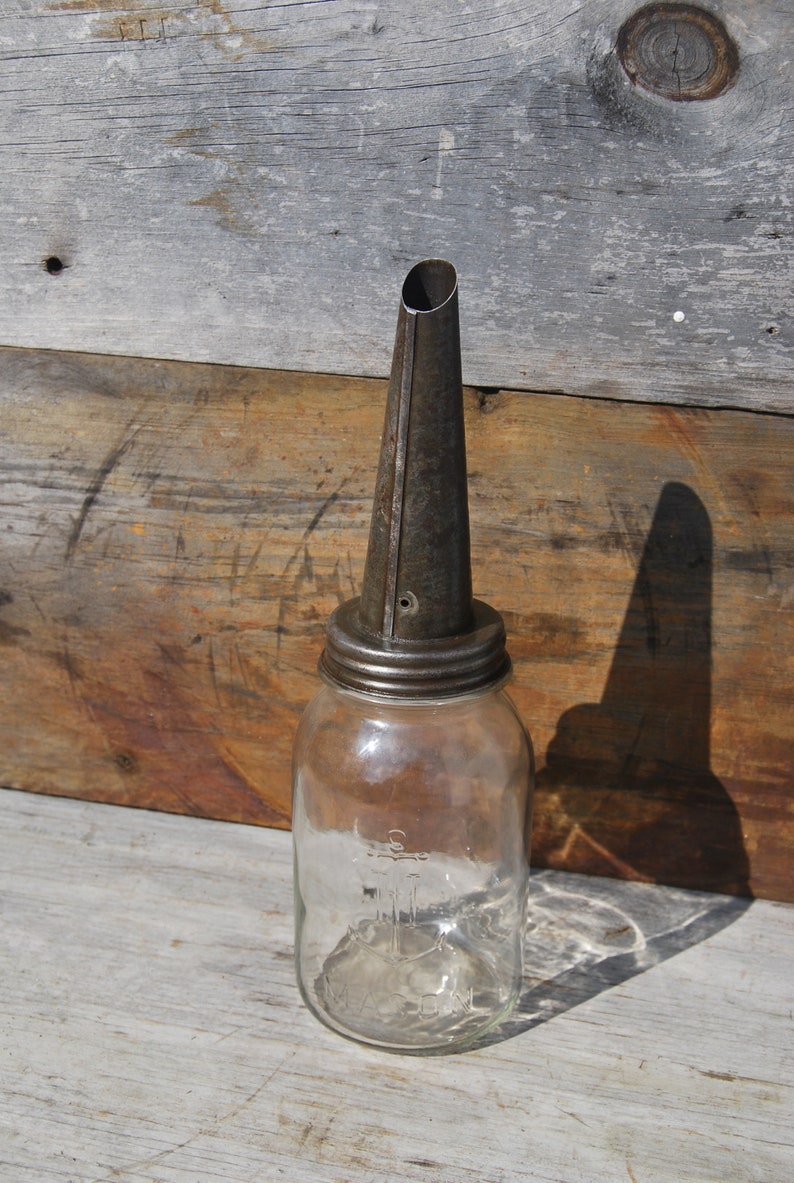 Vintage Motor Oil Spout Cap and Anchor Hocking Mason Jar The Etsy