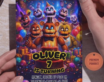 Uitnodiging voor een Five Nights at Freddy's (FNAF) verjaardagsfeestje | Kinderuitnodiging | Bewerkbaar Canva-ontwerp | Direct te downloaden sjabloon