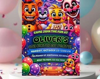 Uitnodiging voor een Five Nights at Freddy's (FNAF) verjaardagsfeestje | Kinderuitnodiging | Bewerkbaar Canva-ontwerp | Direct te downloaden sjabloon