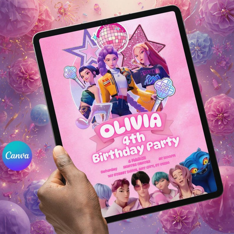 Puede incluir: Una invitaci&oacute;n digital para la fiesta del 4&ordm; cumplea&ntilde;os de Olivia, el 6 de marzo. El dise&ntilde;o presenta un fondo rosa con ilustraciones de personajes animados, una bola de discoteca y una estrella. El logotipo de Canva es visible en la esquina inferior izquierda.