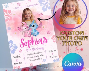 Bewerkbare Stitch verjaardagsfeest uitnodiging sjabloon, kinderfeestje uitnodiging, schattige Stitch verjaardags uitnodiging, cartoon verjaardag, direct te downloaden