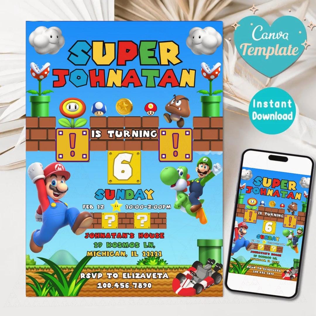 Editable Super Mario Invitation, Mario Bros Birthday Invitation ...