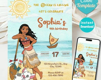Editable Moana Birthday Invitation , Kids Theme Party Invitation Template ,Digital Hawaiian Moana Birthday Invite , Instant Download
