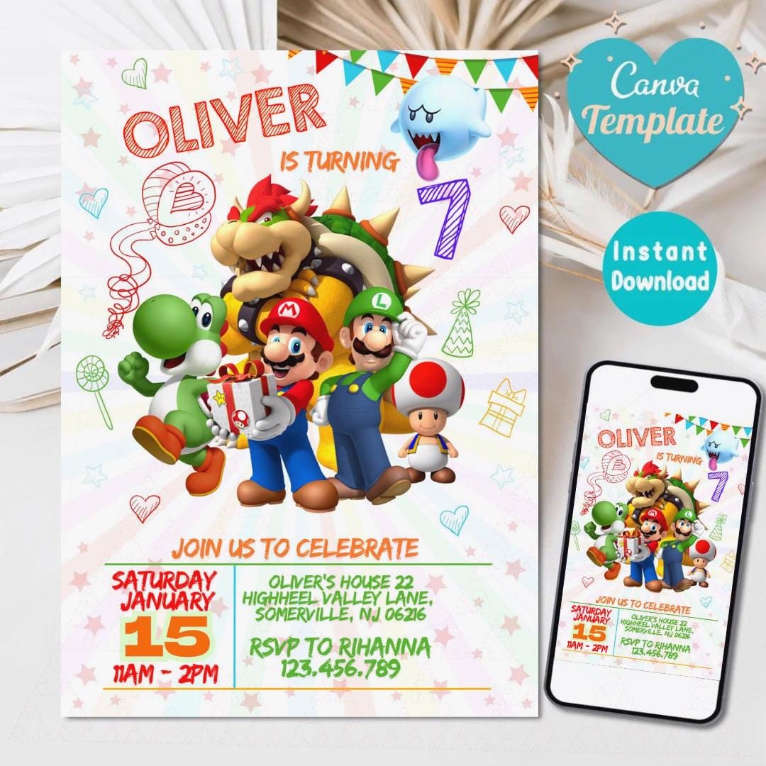 Editable Super Mario Invitation, Mario Bros Birthday Invitation ...