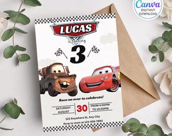 Cars Birthday Party Invitation, Lightning Mcqueen Birthday, Cars Party Invite, Second Birthday Party Invitation, Two Fast, 2, Canva Editable
