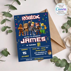 Roblox Invitation, Roblox Invite, Game Party, Roblox Boys Birthday Invitation Template, Game Birthday, Kids Roblox, Editable Template, Canva