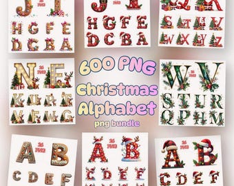 Kerstalfabet PNG-bundel, feestelijke kerstletters clipart, sublimatielettertype, kinderalfabet voor de feestdagen, letters A-Z, digitale download