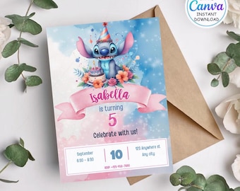 Stitch Birthday Invitation Template: Editable Canva Party Invite (5x7 inches) (Digital Download)